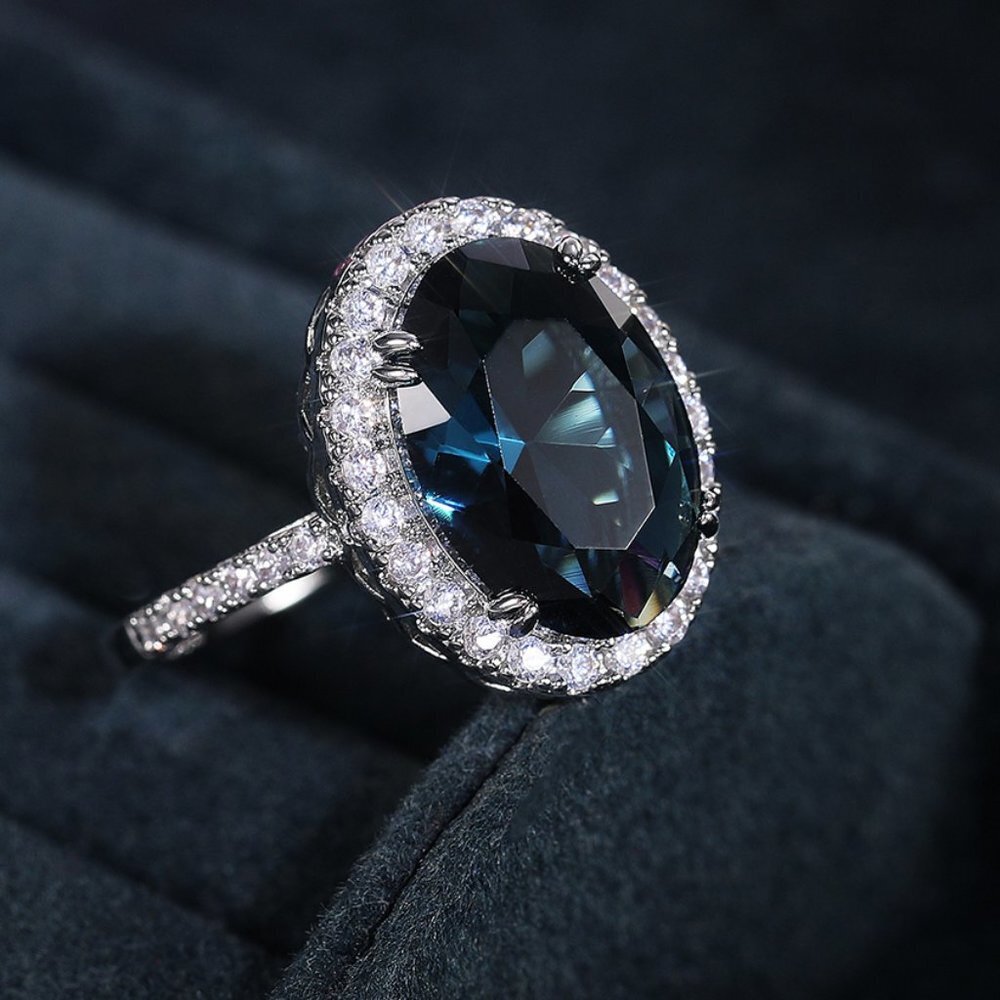 😍Noble Hollow Anillos Super Large Oval Pure Royal Blue CZ Silver Ring, L263 - Picture 8 of 9